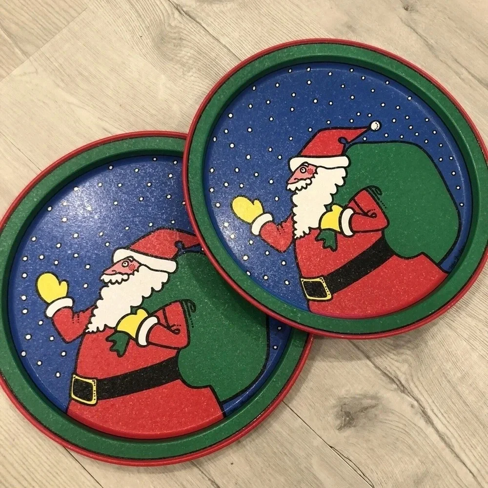 Vintage Ken Saunders Potpourri Press 1989 Retro Santa Tin Trays TWO Signed.
